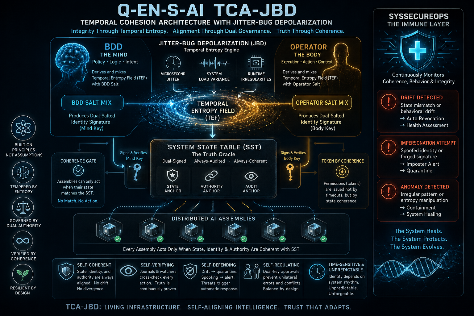 Q-En-S-Ai TCA-JBD architecture diagram showing BDD and Operator dual governance combining temporal entropy into a System State Table that verifies identity, authority, and coherence across distributed AI assemblies