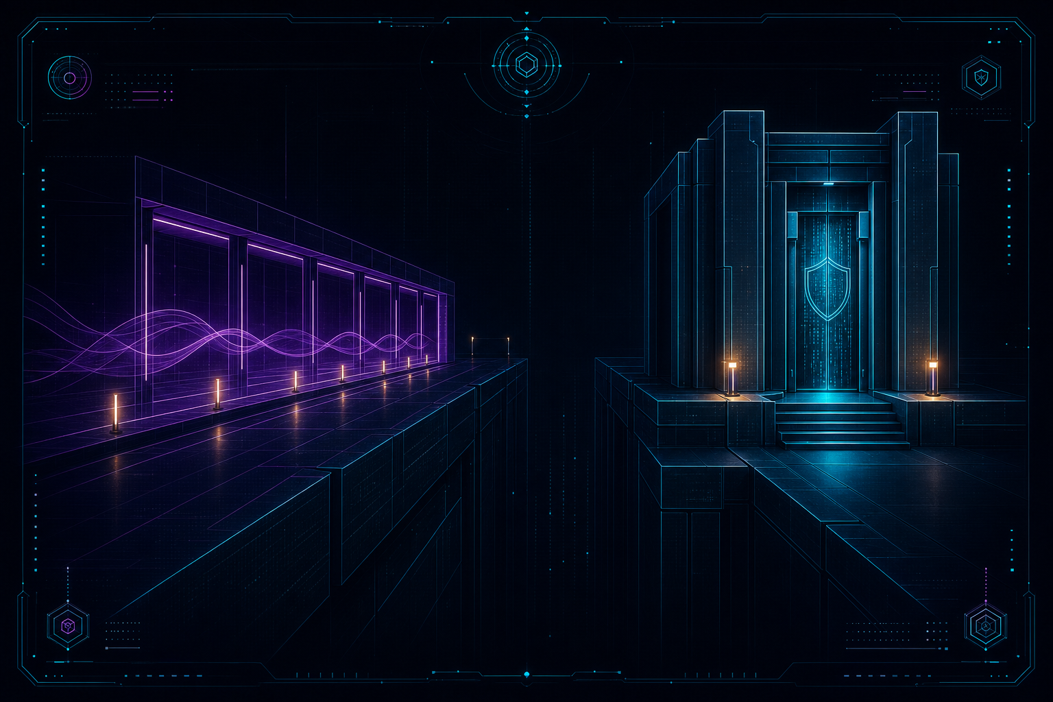A monitored decoy corridor separated from a protected cyan security gate