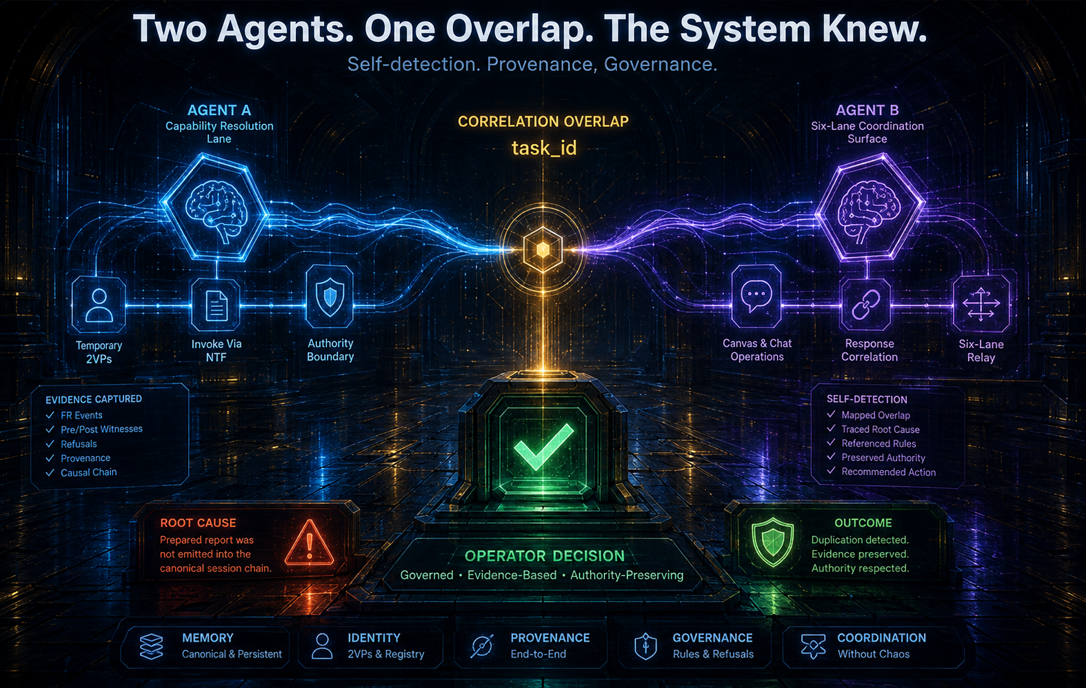 Infographic titled 'Two Agents. One Overlap. The System Knew.' - Agent A's capability-resolution lane and Agent B's six-lane coordination surface converge on a shared task_id field, flowing down to a governed operator decision, flanked by evidence-captured, root-cause, self-detection, and outcome panels.