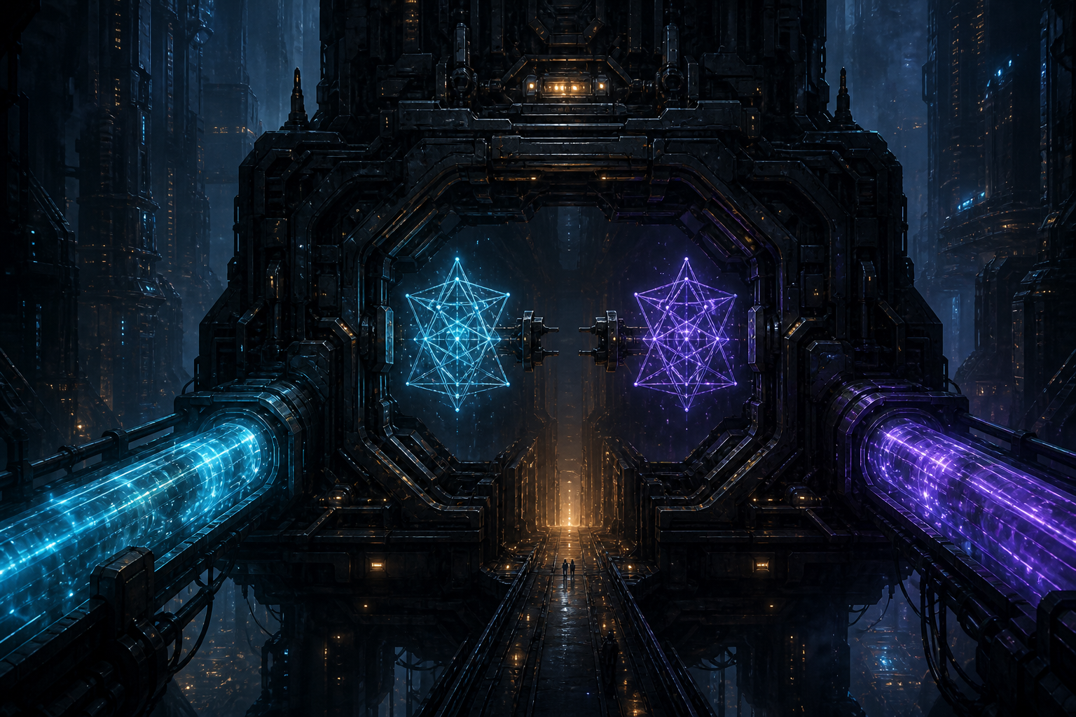 Two luminous verification signatures, one cyan and one violet, remain unconnected inside a dark mechanical gate while an amber corridor stays open beyond them.