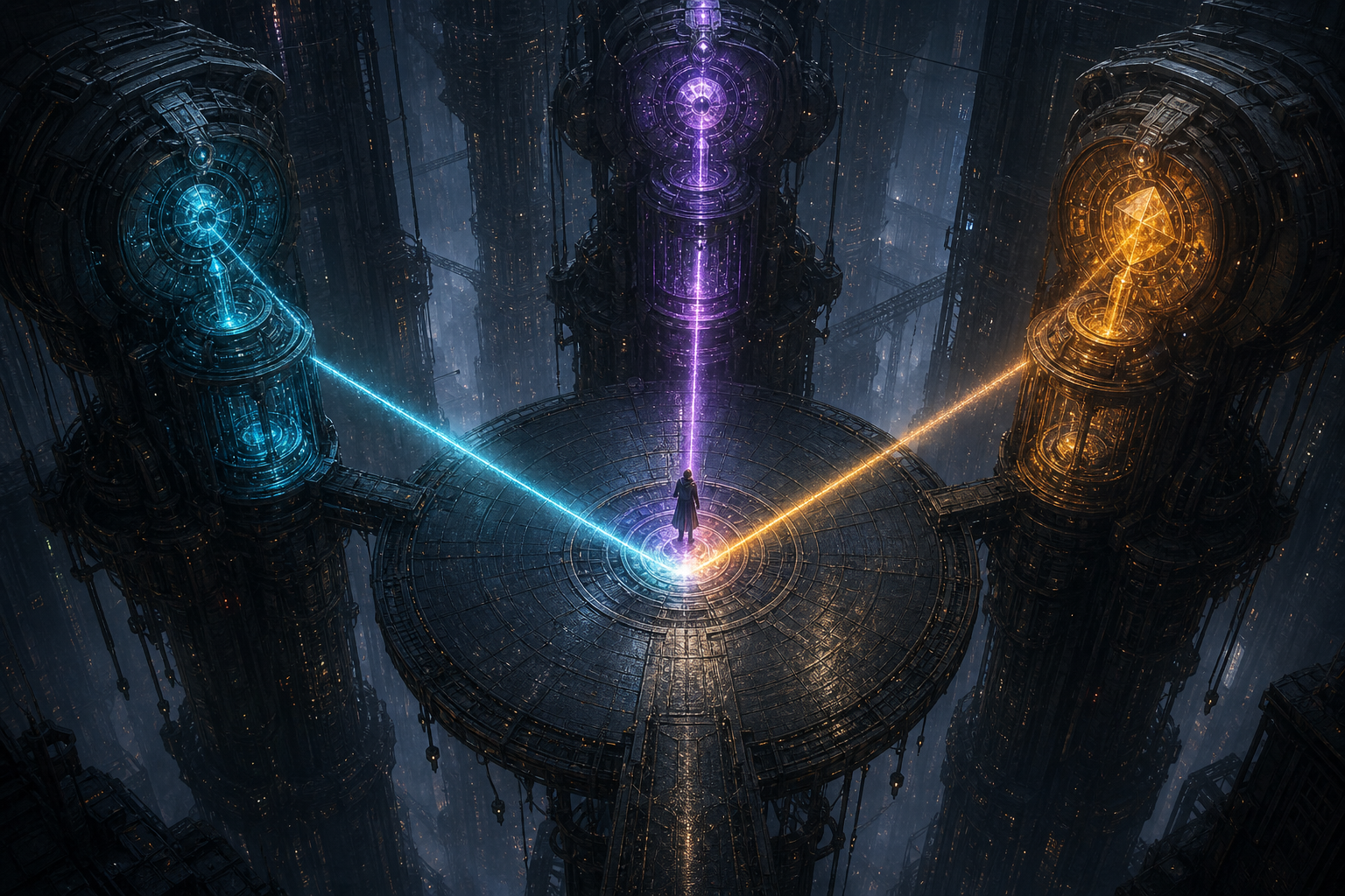Three independent reader towers cast cyan, violet, and amber verification beams onto a single traveler standing at the center of a suspended circular gate.