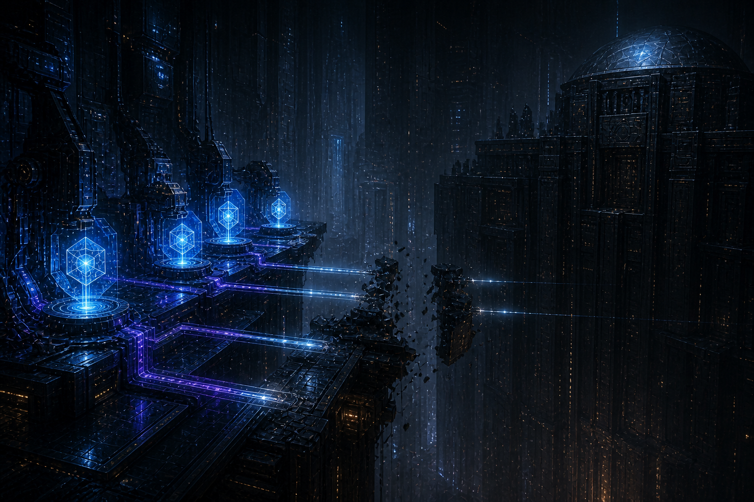 Completed evidence artifacts glow inside specialist machines while broken relay paths prevent them from reaching the dark shared-memory archive across the gap.