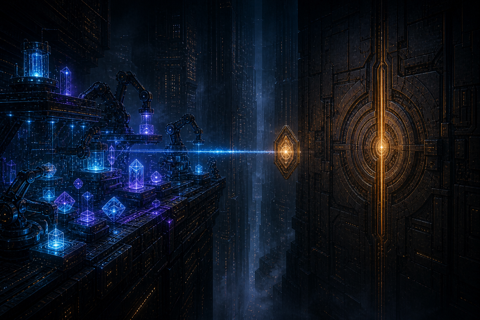 A fully operational field of autonomous machines sends a cyan execution signal toward an amber authorization seal guarding a monumental closed governance vault.