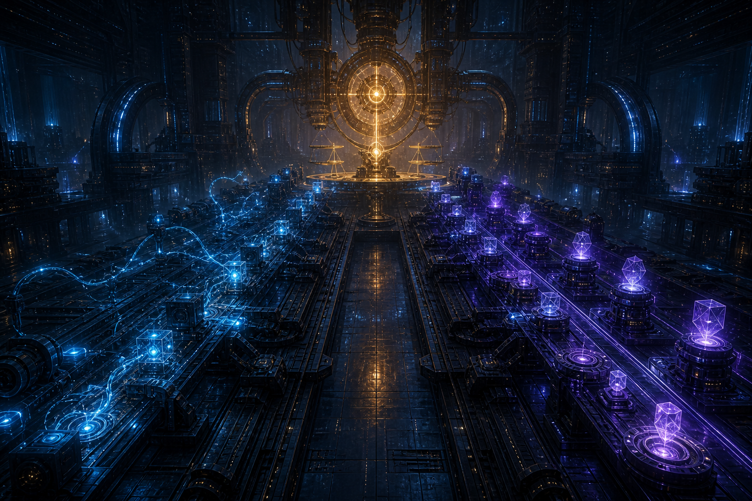 Two parallel industrial validation lanes—one tangled in cyan and one orderly in violet—carry comparable artifacts toward a shared amber measurement tribunal.
