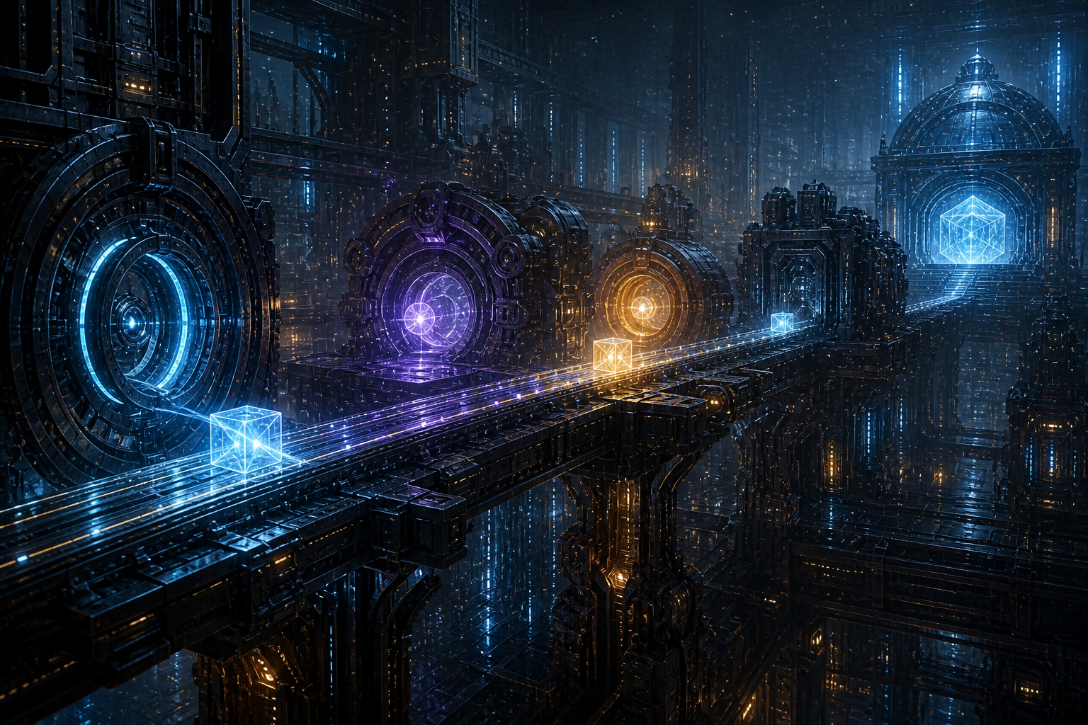 A single luminous idea artifact travels along a continuous evidence rail through cyan intake, violet staging, amber governance, drafting machinery, and a distant publication observatory.