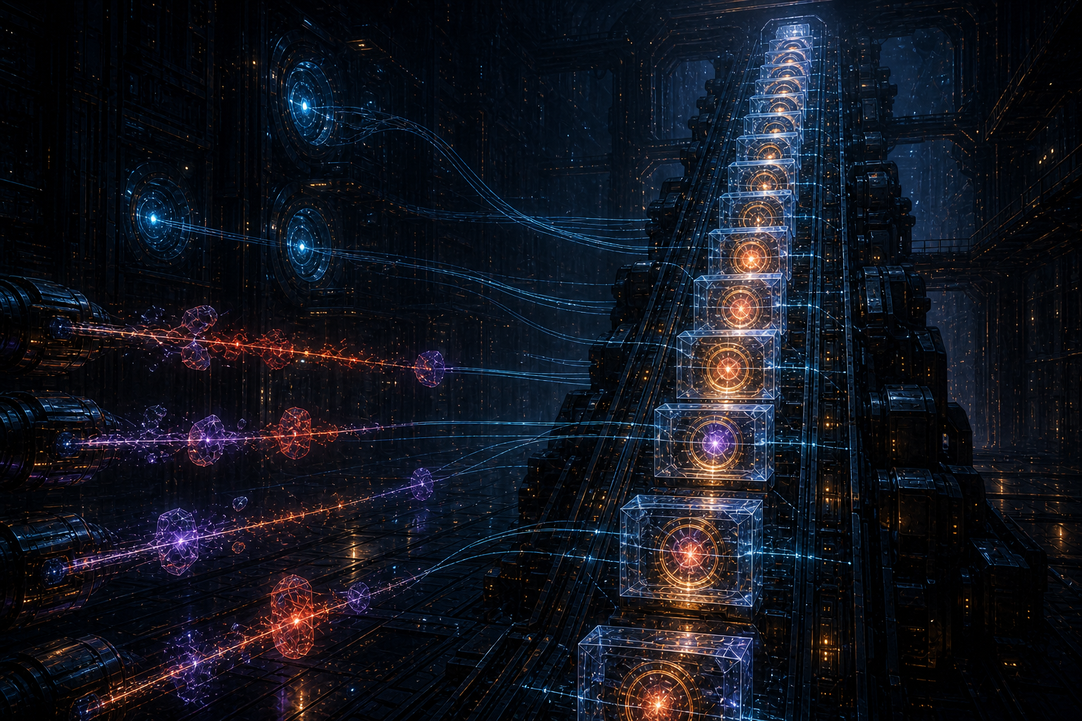 Fractured failure events travel from multiple source conduits into transparent evidence blocks, where amber witness rings seal them chronologically into an immutable ledger spine.