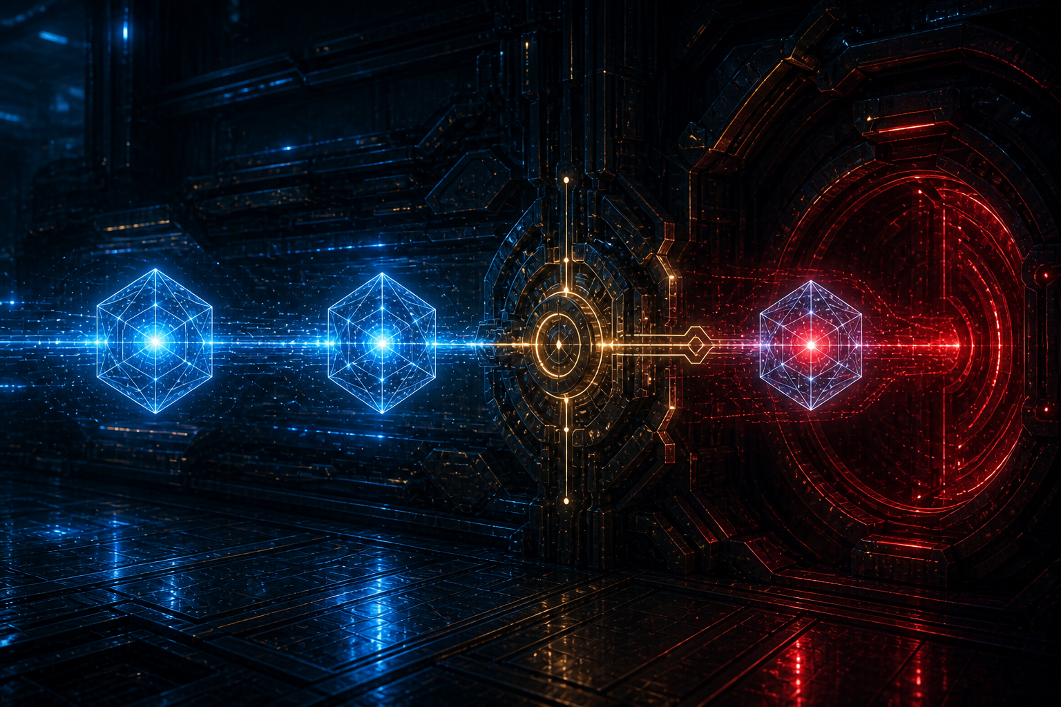 Two nearly identical authorization artifacts reach a mechanical router; the coherent cyan artifact continues while a single red mismatch diverts the other into a sealed isolation gate.