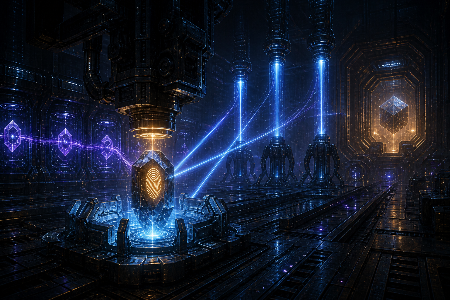 A hash-stamping press seals an amber fingerprint into a newly created file artifact while violet lineage records and three cyan verification towers evaluate it before canonical admission.