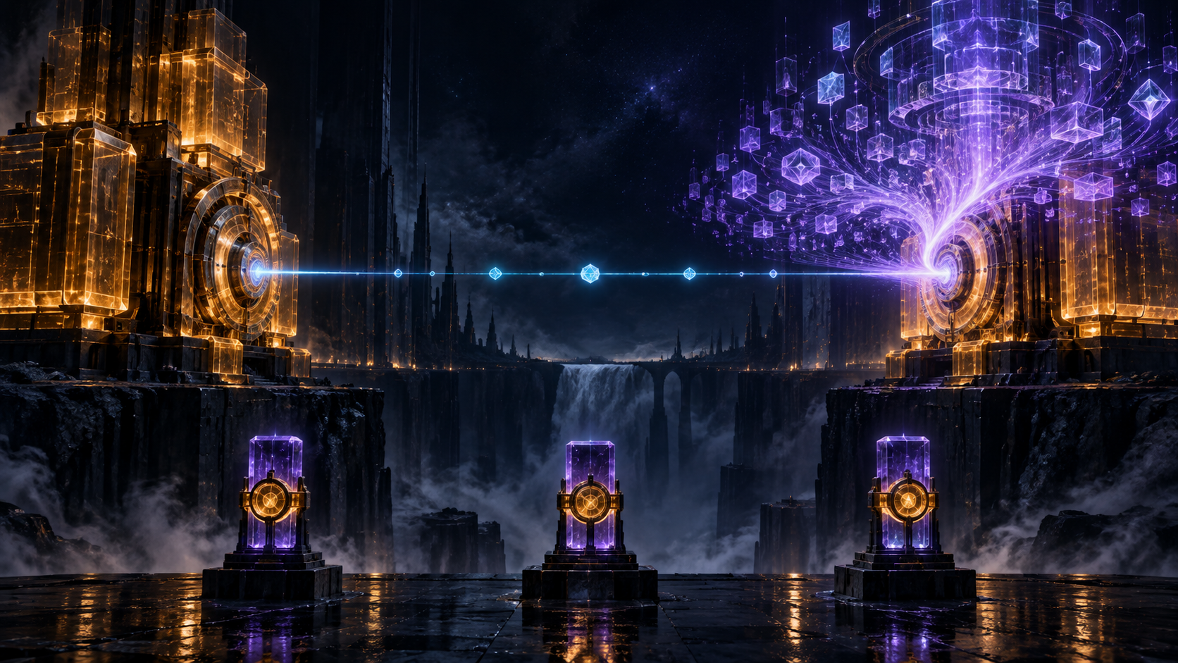 A cyan crystalline decision artifact travels along a lit guide rail and dissipates into violet vapour before reaching the amber decision rail, whose receiving slot stands open and empty beneath an unstamped seal ring, while a brightly lit violet acknowledgment scroll glows on a plinth behind it.