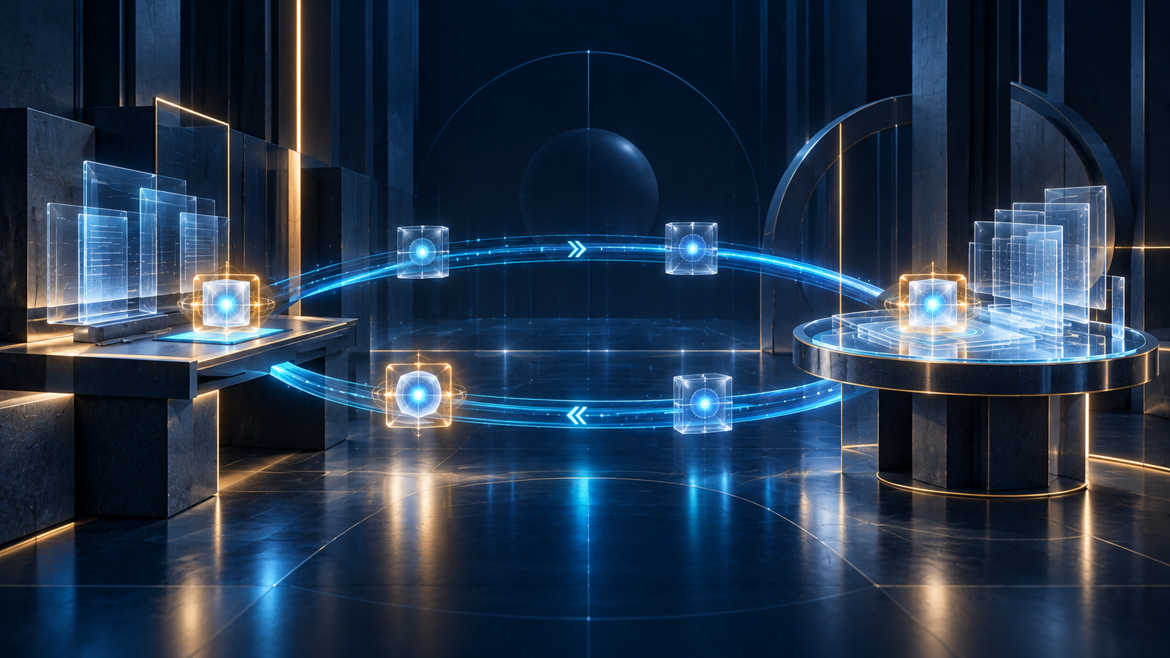 A highlighted task travels between two connected workspaces and keeps its selection halo throughout the return loop.