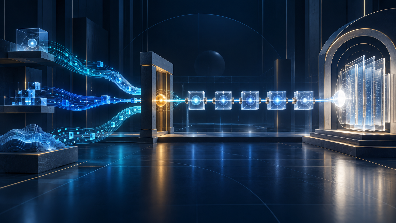 Three luminous signal streams pass through a guarded amber checkpoint into a layered evidence archive.