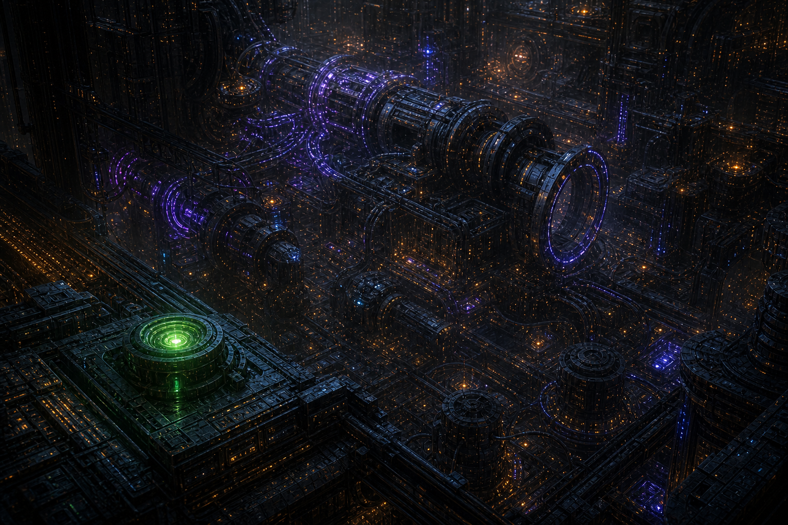 One small green diagnostic glows inside a much larger engine whose conduits, rings, and assemblies remain unresolved.