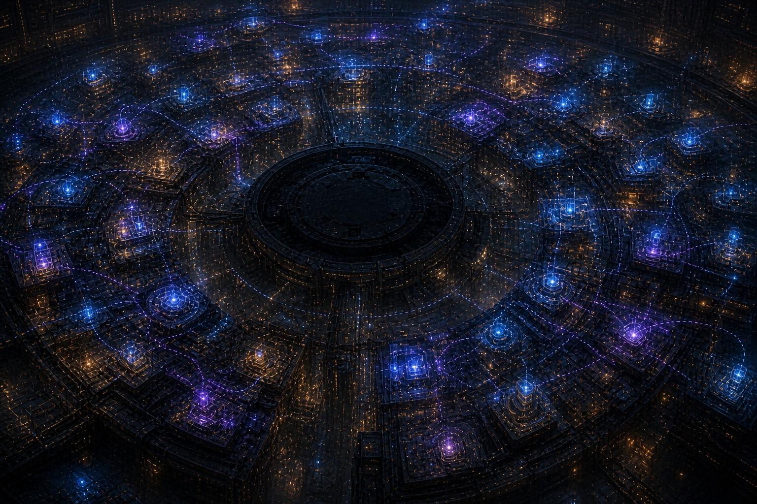 A vast circular operations network glows with active outer stations while signals fail to reach the dark observation center.