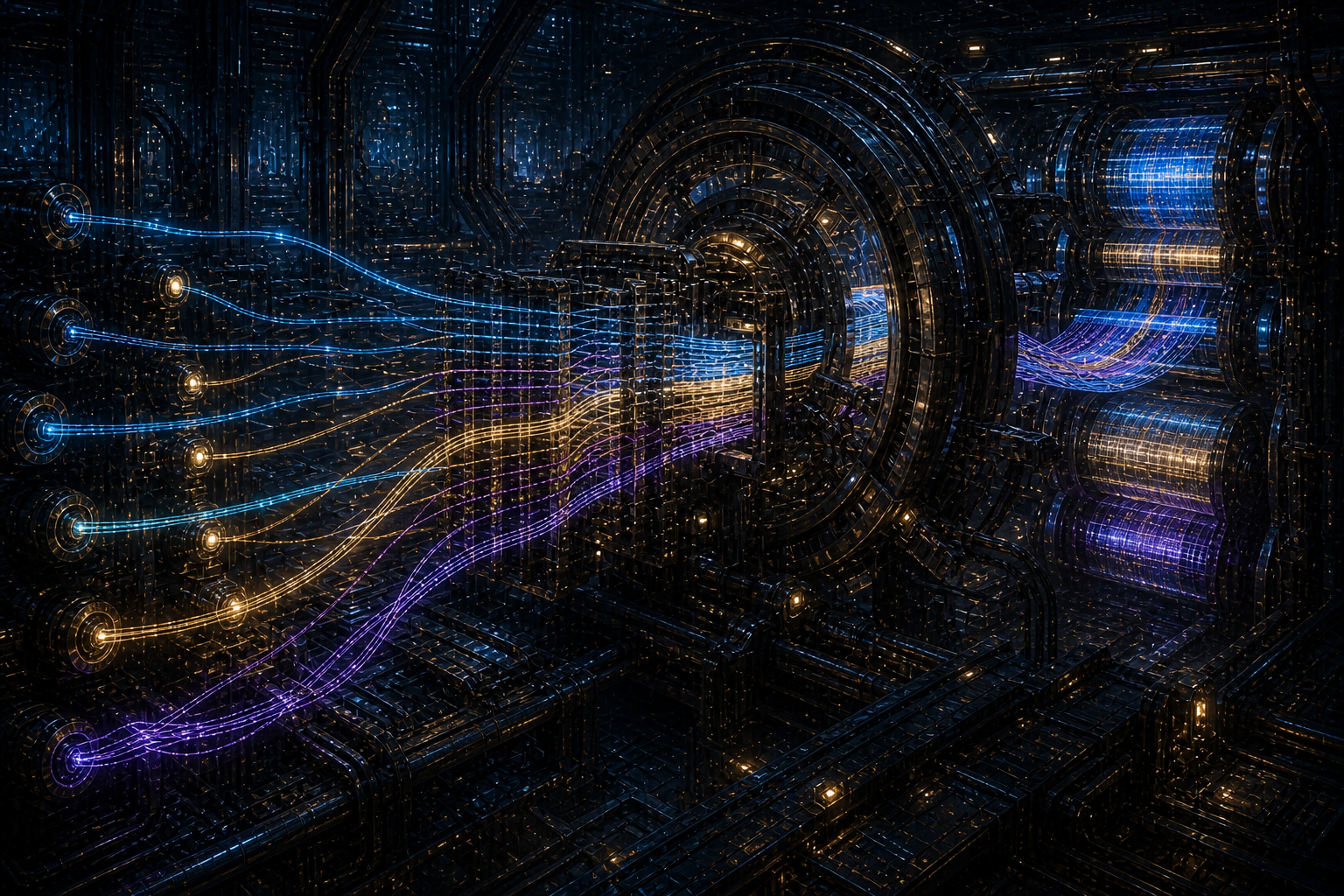 A dense mechanical loom weaves separate evidence streams into layered memory ribbons stored on illuminated drums.