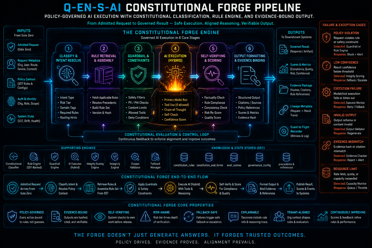 The Constitutional Forge pipeline: intent entering a layered governed process and leaving as an executed, recorded result
